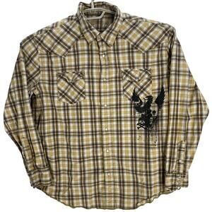 Rewire Western Shirt Mens XL Brown Plaid 100% Cotton Long Sleeves Pearl Snaps